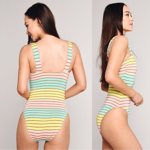 Trina Turk Lurex Stripe High Leg Maillot One Piece Multicolor Swimsuit - Picture 2 of 10